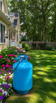 Vibrant blue propane tank sits in a lush green yard beside a yellow house