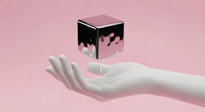 "White mannequin hand gently holding a floating metallic cube with reflective chrome surface, soft pink background, surreal and elegant"