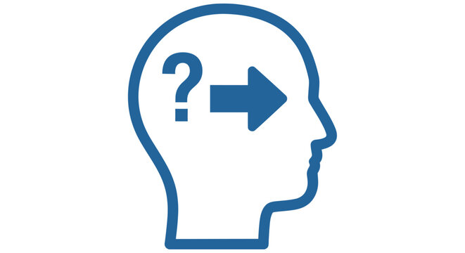 Human head silhouette with a question mark and arrow graphic
