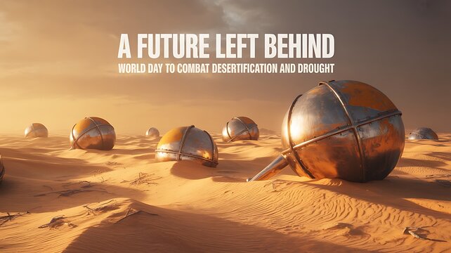 A Future Left Behind World Day to Combat Desertification and Drought Illustration with Rusted Spacecraft in Desert Dunes
