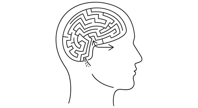 A human head in profile contains a complex winding labyrinth inside