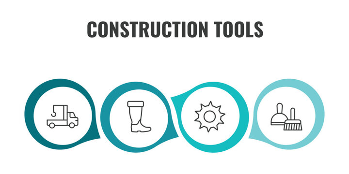 construction tools outline icon set. thin line crane truck, rubber boots, circular saw, dustpan and brush icons. editable vector