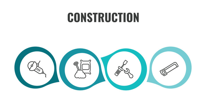 construction outline icon set. thin line angle grinder, cement, repair screwdriver, hacksaw icons. editable vector