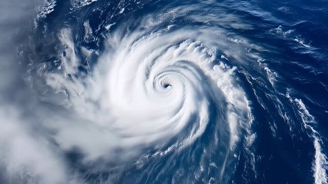 high-resolution satellite-style view of a massive hurricane over the ocean, powerful spiral storm system with clearly defined eye at the center, dense white cloud bands rotating