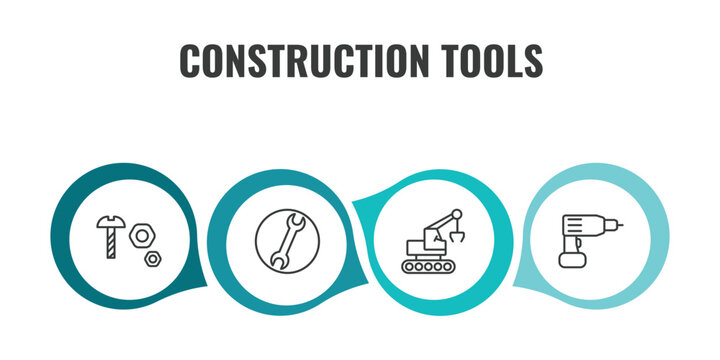 construction tools outline icon set. thin line nuts and bolts, round wrench, derrick with tong, hand drill icons. editable vector