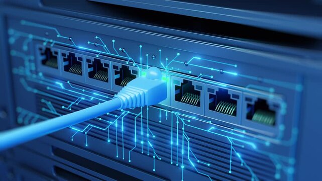 Ethernet LAN cable plugs into network switch port as glowing digital circuit lines spread across panel and green LED activates. Internet connection animation for IT, datacenter, broadband, and tech