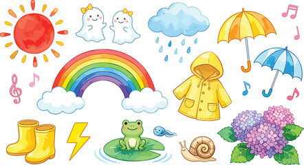 Cute Watercolor Rainy Season and Weather Set with Rainbow, Umbrella, Frog, Snail, and Cloud for Kids and Nature Design Projects © vector M