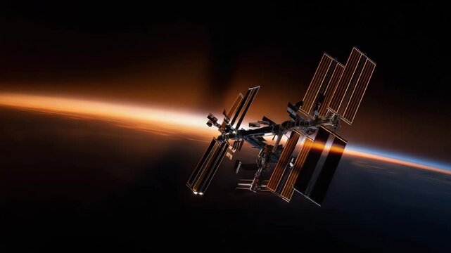 large modular orbital space station in low Earth orbit at sunset