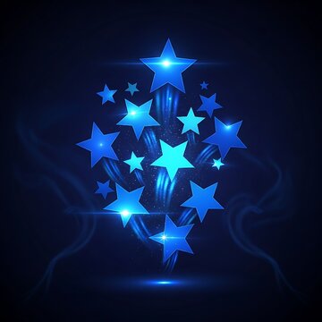 Vibrant blue stars burst with light and motion against a dark, smoky background