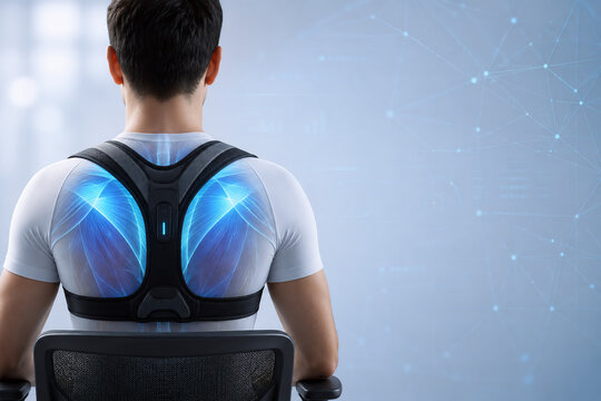 Smart posture corrector monitoring spinal alignment, wearable health technology concept, back support and ergonomics, posture improvement device, modern wellness innovation, office productivity and pr