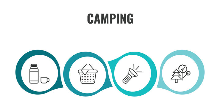 camping outline icon set. thin line thermos, picnic, flashlight, trees icons. editable vector