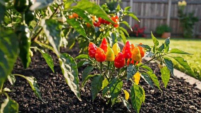 Close-up of vibrant chili pepper plants thriving in a sunny backyard garden setting during the day