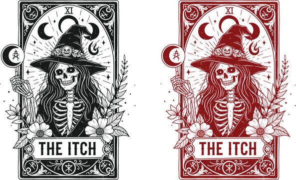 Skeleton Tarot Card Illustration with Pirate Theme and Halloween Motif in Dark Gothic Style