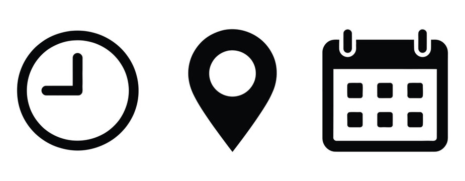 Time address and date icon vector set featuring clock, map pin location, and calendar symbols in flat style for modern web and mobile applications