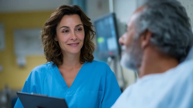 Nurse speaking with a senior man in a hospital or clinic room, supportive conversation, nurse in scrubs holding a tablet or clipboard, older patient seated comfortably, warm empath
