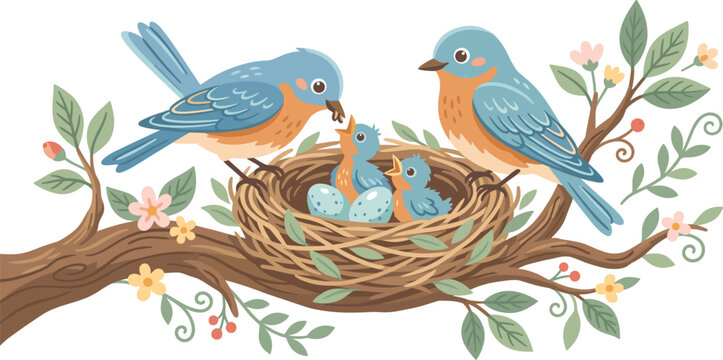 Cute cartoon illustration of two bluebird parents feeding small chicks in a tree nest with speckled eggs and spring blossoms