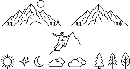 Fototapeta premium Collection of minimalist outdoor line illustrations featuring mountains, trees, sun, moon, clouds, hiking and nature adventure icons