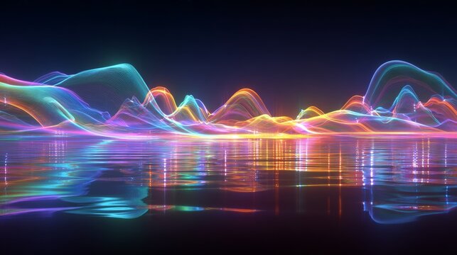 Vibrant neon waves ripple across dark water's surface. Colors dance in harmony, glowing with electric energy. Reflections mirror the light, blending sky and sea. Ideal for digital art, tech innovation
