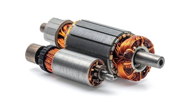 A disassembled electric motor showing internal copper wiring and metal components