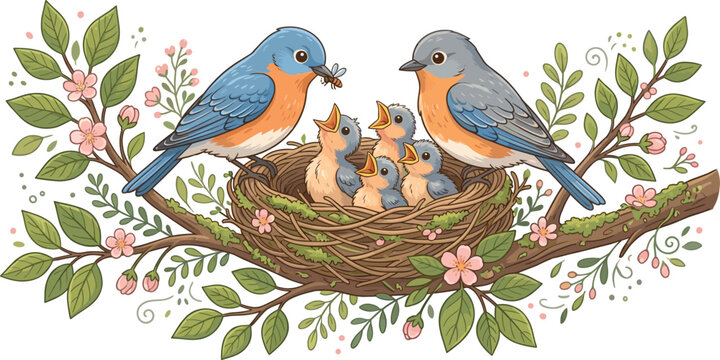 Cute cartoon illustration of two bluebird parents feeding their hungry chicks in a nest surrounded by spring blossoms