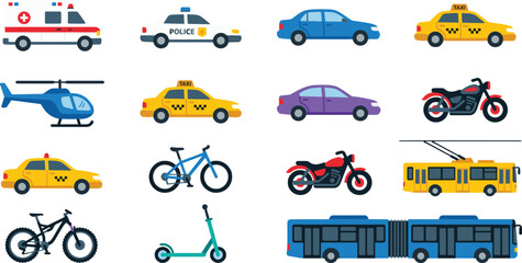 Flat design vector set of city transportation vehicles public transit municipal cars and micro mobility icons © SreeMoti