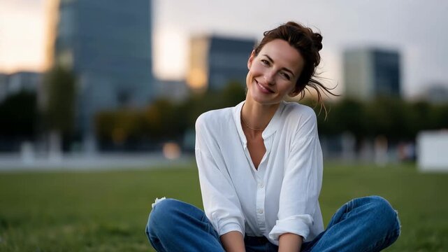 Urban woman sitting on green grass in a city park relaxing after work, casual outfit, phone put away, calm mindful expression, skyline or modern buildings softly blurred behind