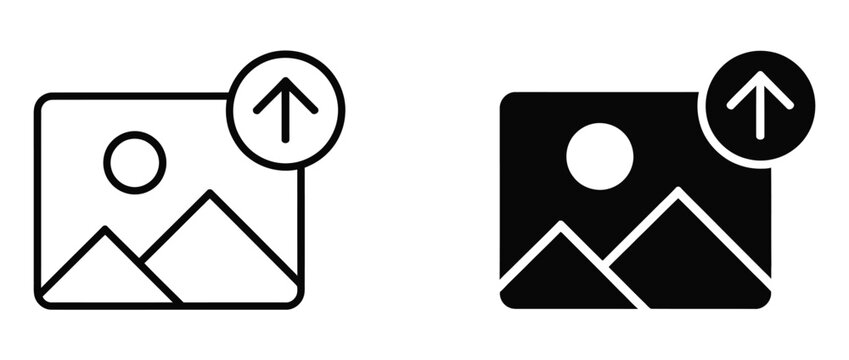 Upload photo line icon collection featuring black and white stroke design, file upload symbols, image import graphics, and modern digital interface vector illustrations