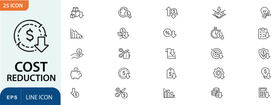 Cost reduction icon set finance savings and budgeting line art