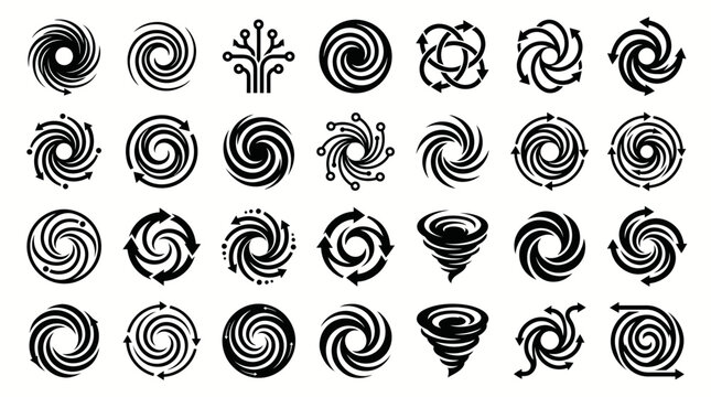 Set of black spiral and vortex icons, abstract swirl and cyclone symbols.