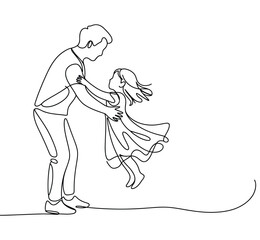 Obraz premium Happy Fathers Day continuous line art illustration of father playing with daughter, family love bonding concept, parenting celebration design