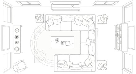 Top view floor plan of a modern living room layout. © Joko