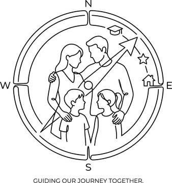 A family of four standing together inside a compass with a graduation cap and house
