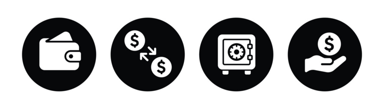 Digital Wallet, Money Transfer, Safe Deposit and Investment Icons Set, Financial Management Symbols for Banking, Fintech and Business Applications