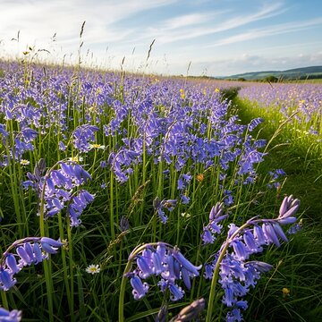 Vibrant bluebells carpet a sun-drenched meadow with rolling hills beyond