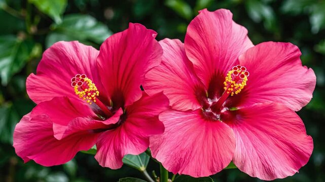 Beautiful vibrant hibiscus flowers blooming in a lush green garden setting with natural light and nature's beauty