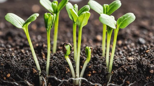 Time lapse of young plants growing from seeds in dark soil showcasing new life and agricultural processes