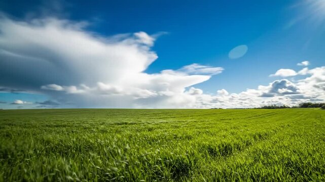 Scenic time-lapse of a bright blue sky with puffy white clouds over a vast green field with tall grass