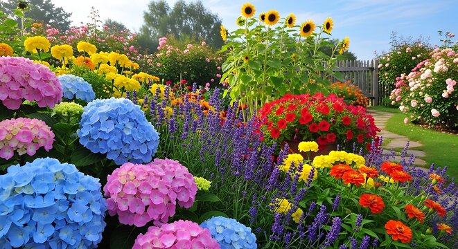 Vibrant garden bursts with colorful hydrangeas, sunflowers, and roses under blue sky