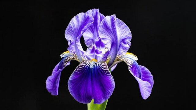 Beautiful Iris Flower Blooming in Time Lapse with Vibrant Purple Petals and Green Stem Isolated on Black Background