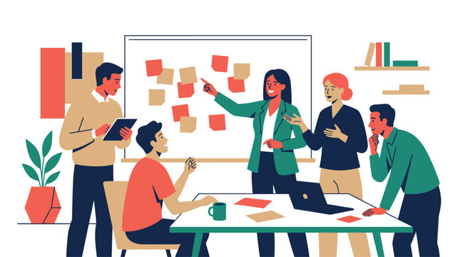 Diverse group of coworkers collaborating on project using sticky notes on board in meeting room with table