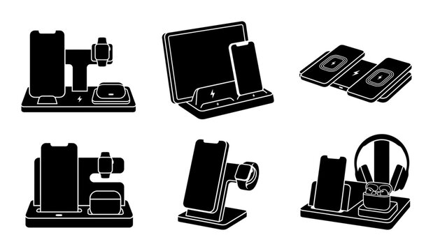 6 Device icons with stand, monitor, phone, tablet, headset, outline style