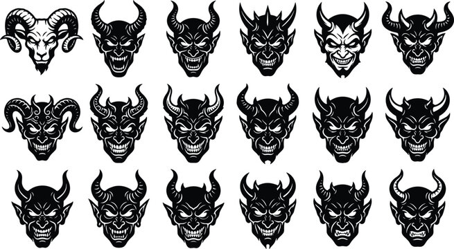 Black and white of stylized animal heads, set of 18 skull antlers horns