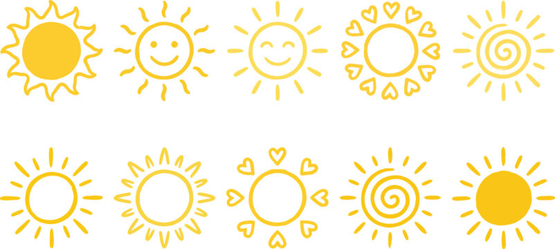 Variety of hand drawn sun icons with different expressions and styles