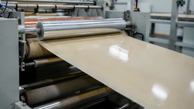 Medium shot of a roll coater applying a smooth starch primer layer on a moving film ensuring optimal adhesion and uniform surface preparation in a manufacturing line