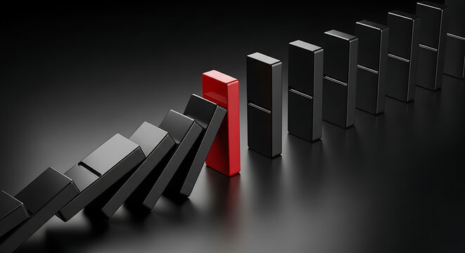 Red domino stopping a chain reaction of falling black dominoes on a dark background with stopping solution prevention management strategy challenge overcome standing intervention strength