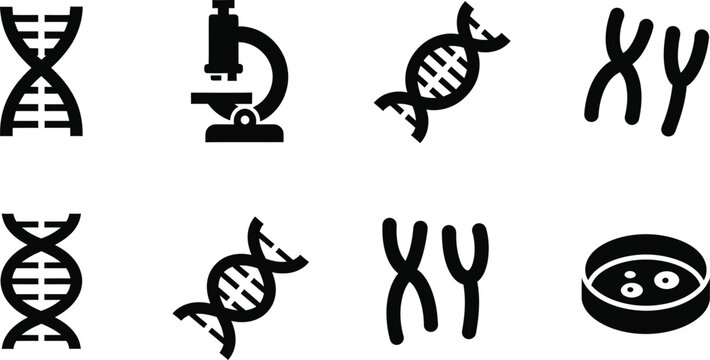Genetics and biology icons set dna microscope chromosomes and genetic traits illustrations