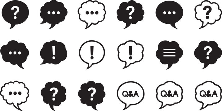 Black and white of faces with question marks speech bubbles and exclamation points expressions