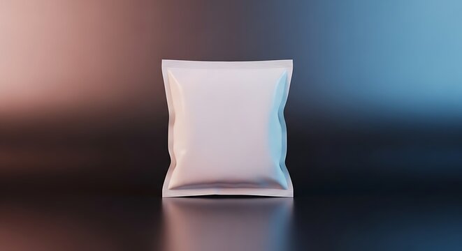 Blank white apparel mailing pouch standing on a dark reflective surface with stylish blue and orange ambient lighting.