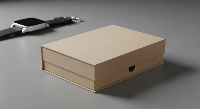 A blank, elegant cardboard box for a smart watch sits on a clean gray surface, offering a perfect mockup for luxury product packaging and branding.