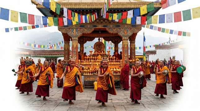 Buddhist monks performing a traditional cham dance in bhutan